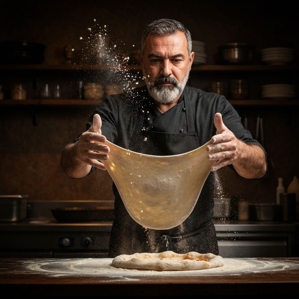 Pizza dough being stretched